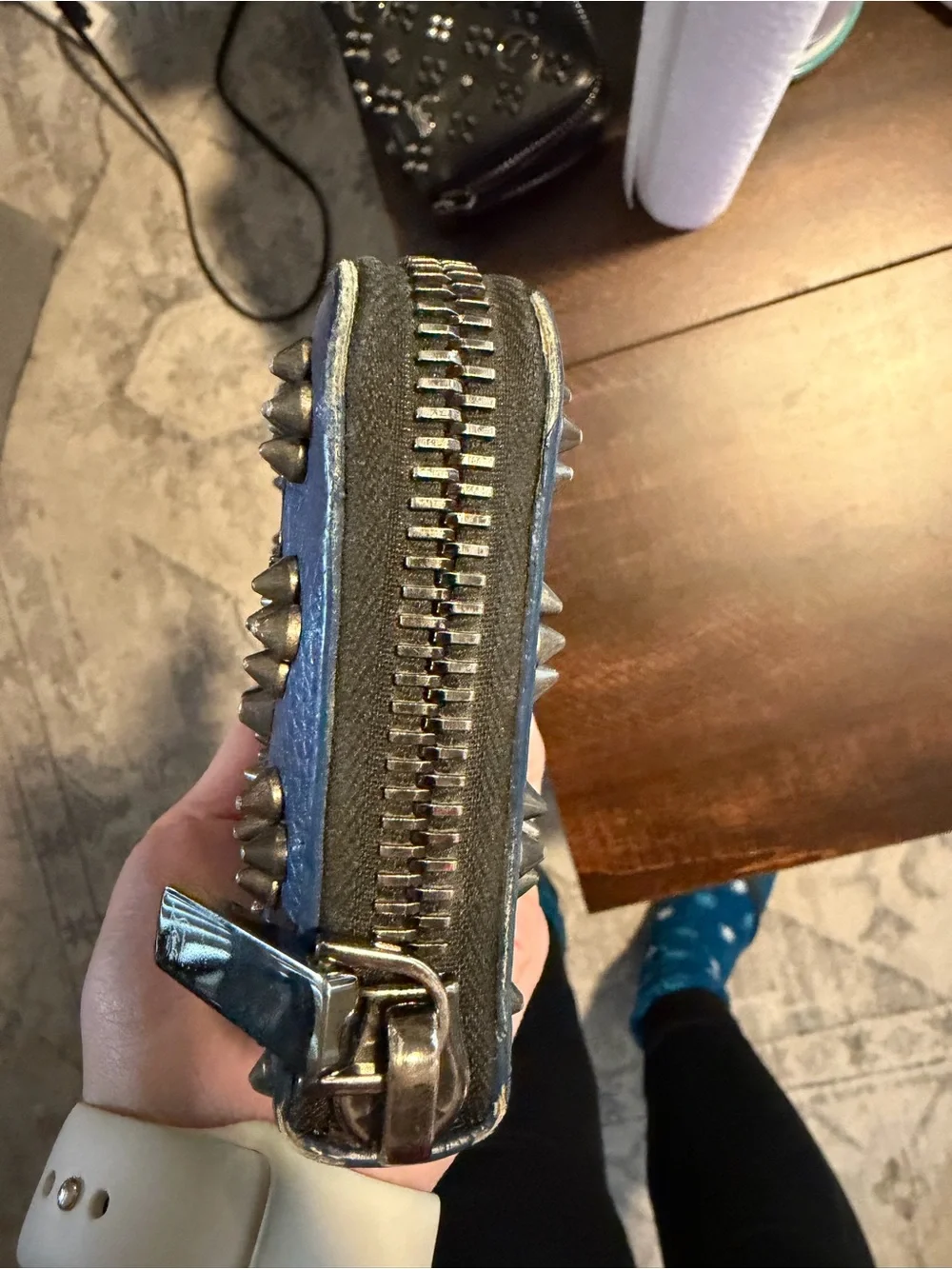 Authentic Christian Louboutin Blue Leather Studded Zip-Around Wallet